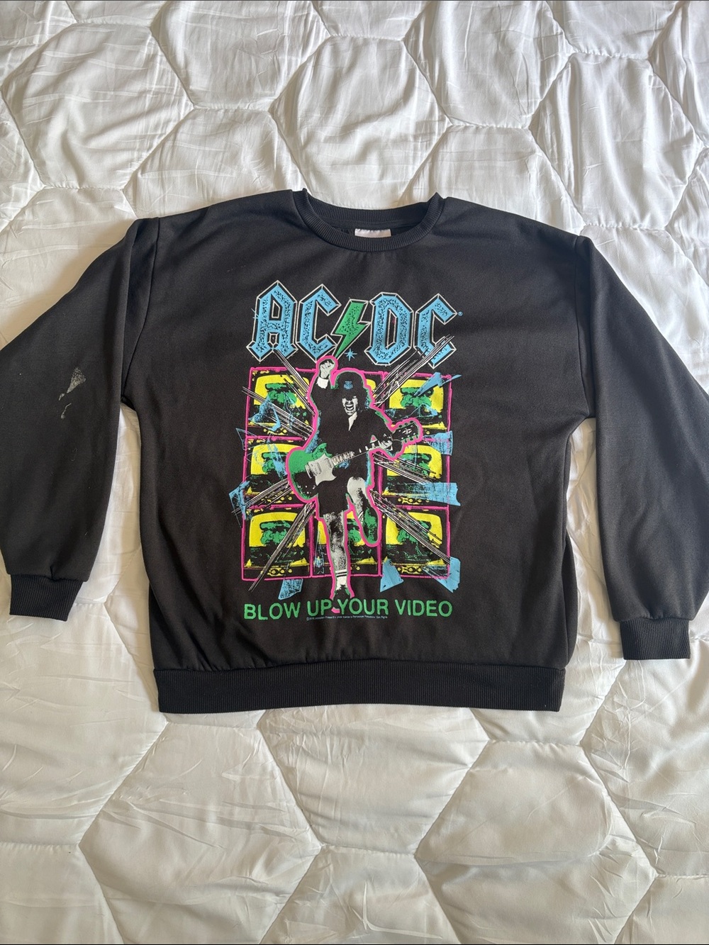 AC/DC Black Sweatshirt with Neon Blue Pink and Green Graphic
